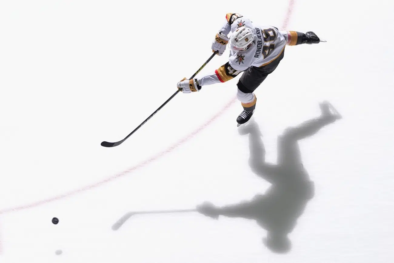 Jonas Rondbjerg #46 of the Vegas Golden Knights warms up prior to a game against the New York Islanders